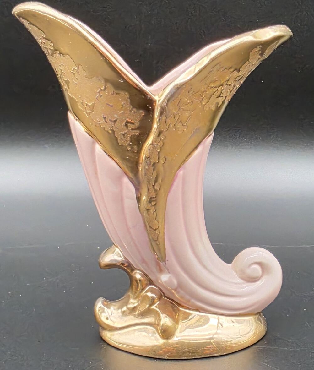 VTG Savoy China Pink & 24K Gold Cornucopia Horn Vase 6.125" Porcelain